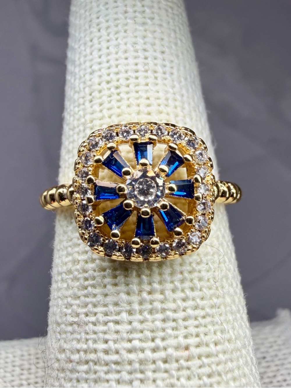 Adjustable 18K Gold-Plated Ring with Blue Baguette CZ Halo Clear CZ GP NEW